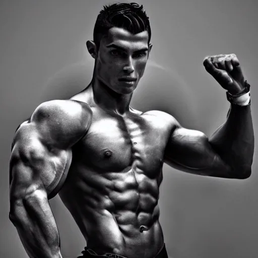 Prompt: a realistic detailed photo of a male fitness model who is also a male android, cristiano ronaldo, shiny skin, posing robotically, blank stare