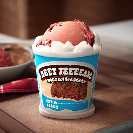 Prompt: close up of a pint of meatloaf flavored Ben and Jerry\'s ice cream, realistic 8k render, Ben and Jerry\'s ice cream