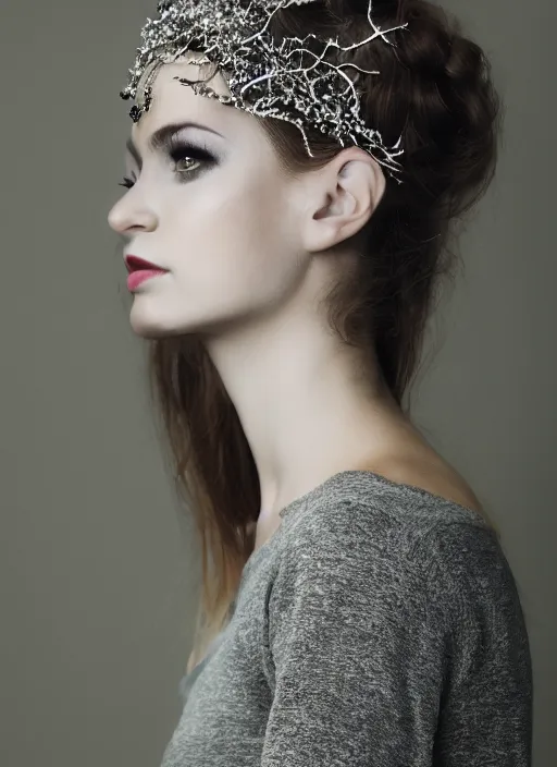 Image similar to a photo of a female model, orgnic headpiece, vines, horn, moss, fashion photography, realistic, hyperdetails, dark grey backdrop studio