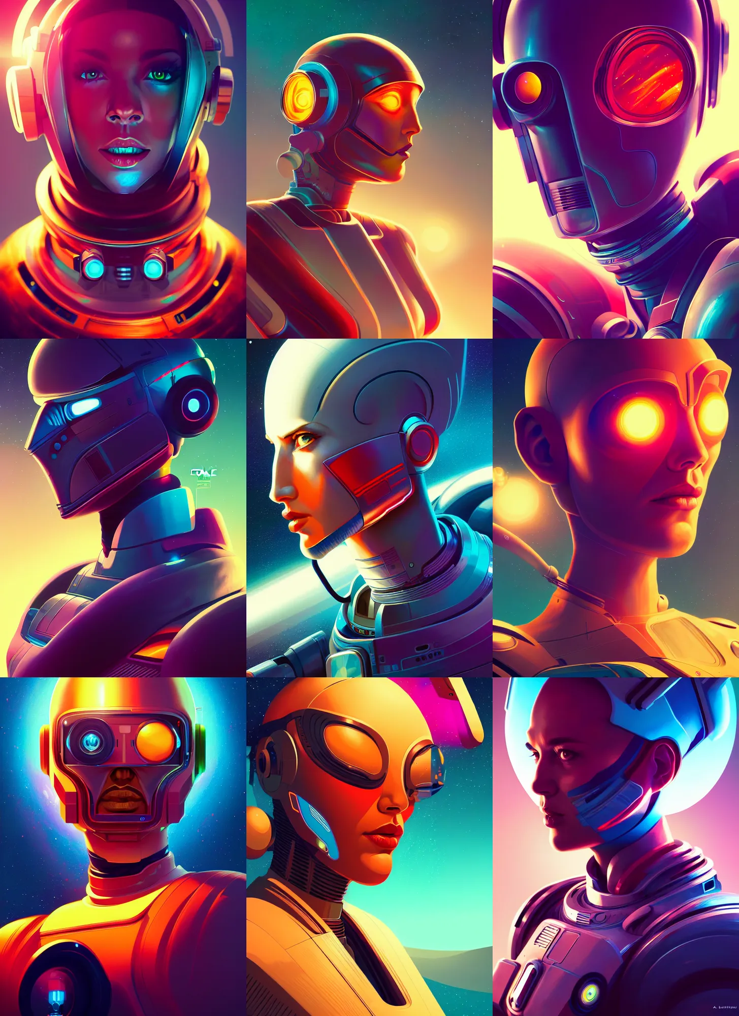 Prompt: retrofuturistic portrait of an android, space graphics art in background, close up, wlop, dan mumford, artgerm, liam brazier, peter mohrbacher, 8 k, raw, featured in artstation, octane render, cinematic, elegant, intricate, 8 k