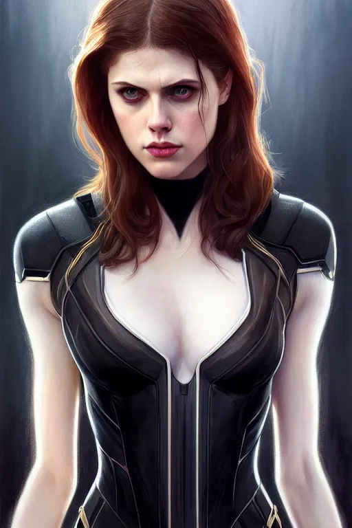 Image similar to alexandra daddario as black widow, realistic portrait, symmetrical, highly detailed, digital painting, artstation, concept art, smooth, sharp focus, illustration, cinematic lighting, art by artgerm and greg rutkowski and alphonse mucha