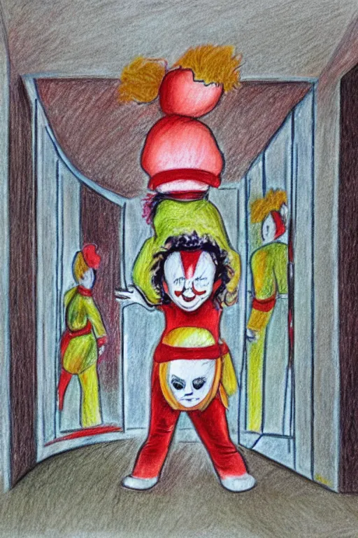 Prompt: colour pencil drawing of a Clown girl in a hallway of mirrors