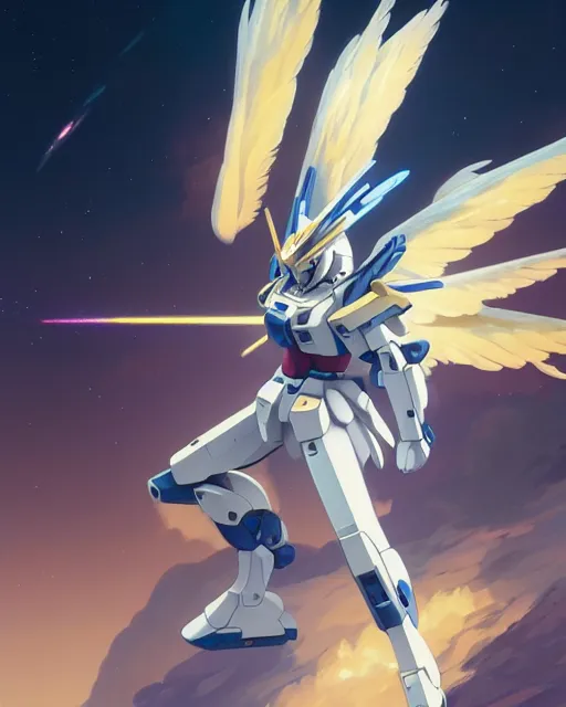 Image similar to highly detailed vfx portrait of an angelic gundam with wings of feathers beam saber fighting in space with a beam gun, unreal engine, greg rutkowski, loish, rhads, beeple, makoto shinkai and lois van baarle, ilya kuvshinov, rossdraws, tom bagshaw, alphonse mucha, global illumination, detailed and intricate environment