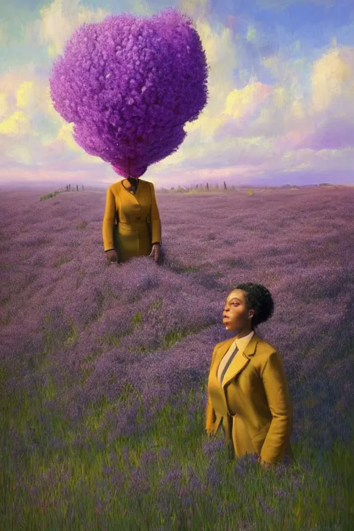 Prompt: portrait, giant lilac flower as head, a black woman in suit in heather field, surreal photography, golden hour, colorful clouds, impressionist painting, digital painting, artstation, simon stalenhag