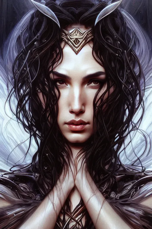 Image similar to very very beautiful longshot photo of chthonic spirit of Gal Gadot with demonic eyes and black veins, intricate, elegant, highly detailed, artstation, concept art, smooth, sharp focus, illustration, art by artgerm, alphonse mucha, Ayami Kojima, Beksinski, Giger