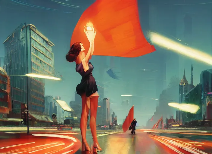Image similar to gorgeous bright girl waving a red flag over her head enthusiastically regulating hover car traffic in a Mandelbrot fractal futuristic bustling utopian city by Craig Mullins, ilya kuvshinov, krenz cushart, artgerm trending on artstation by Edward Hopper and Dan Mumford and WLOP and Rutkovsky, Unreal Engine 5, Lumen, Nanite