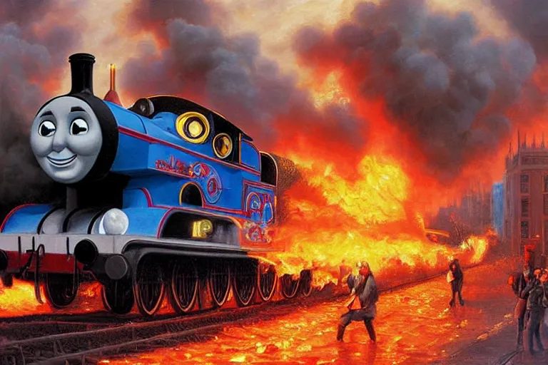 Image similar to portrait thomas the tank engine on fire rolling through london, an oil painting by ross tran and thomas kincade