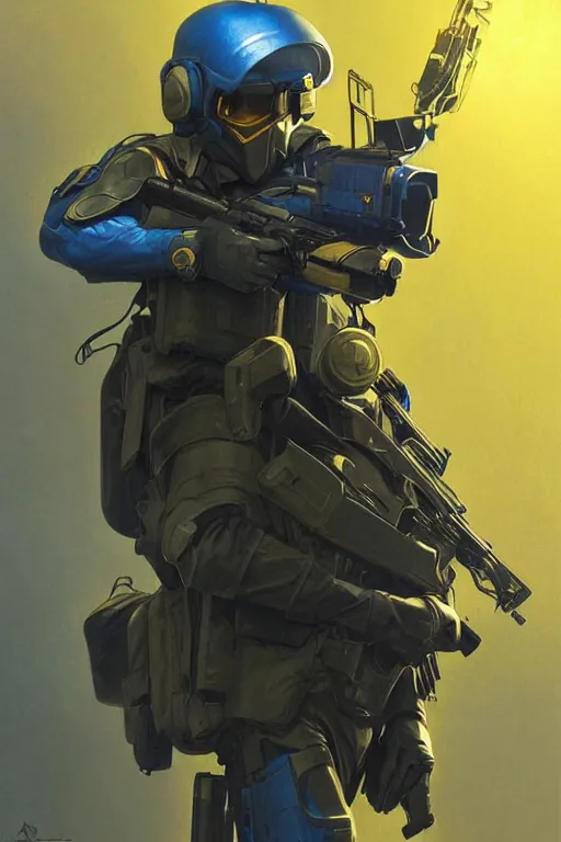 Image similar to a swat unit modern technology, blue and yellow shoulder patch, realistic portrait full body, symmetrical, highly detailed, digital painting, artstation, concept art, smooth, sharp focus, illustration, cinematic lighting, art by artgerm and greg rutkowski and alphonse mucha