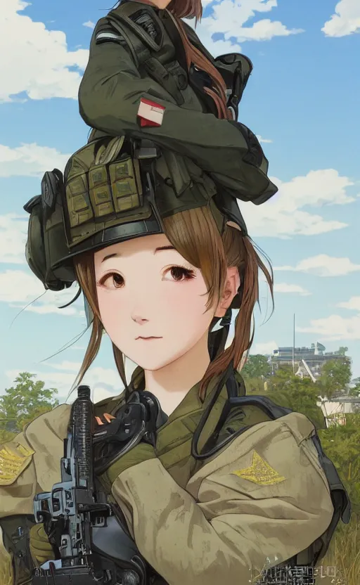 Prompt: portrait of a female soldier, highly detailed, high resolution, military camp in the background, genshin impact visual style, illustration, stunning, girls frontline style, bokeh soft, matte, 100mm, by professional photographer, hayao miyazaki, ilya kuvshinov, alphonse mucha, studio mappa, realistic human anatomy, realistic military carrier, modern warfare, realistic weapon, shot with a arriflex 35 ii, low saturation, small eyes