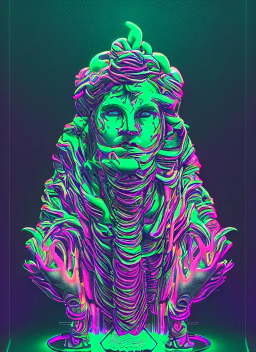 Image similar to statue of dionysus, beeple, android jones, dan mumford, vaporwave, retrowave, black background, neon wiring, black, glitch, strong contrast, cuts, pinterest, trending on artstation