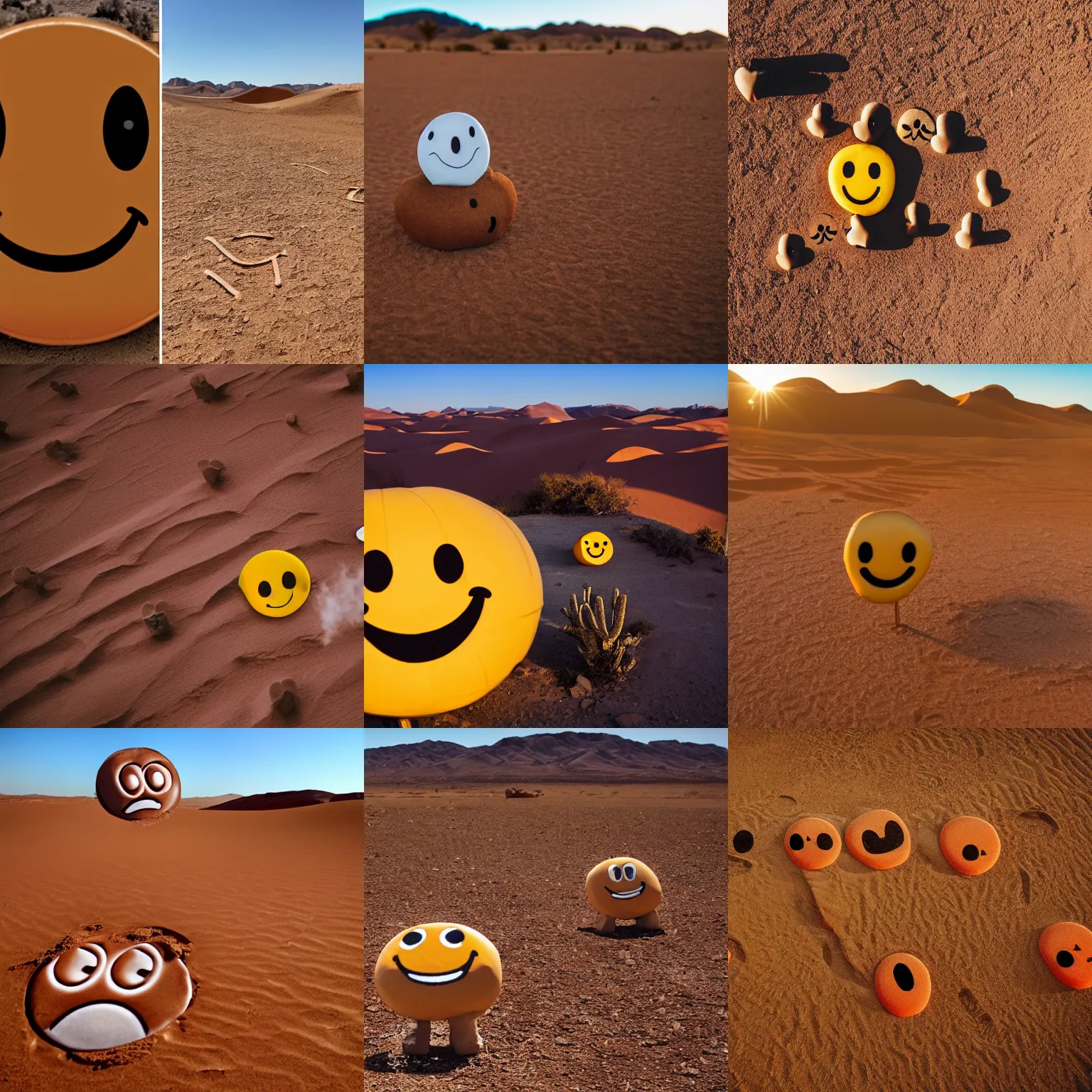 Prompt: poop emoji chasing smiley face emoji in the desert, photo