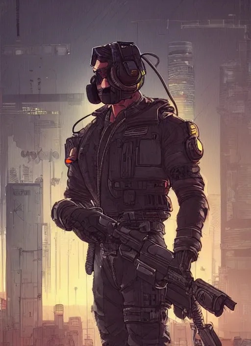 Image similar to Menacing Hector. buff cyberpunk mercenary wearing a cyberpunk headset, military vest, and pilot jumpsuit. square face. Realistic Proportions. Concept art by James Gurney and Laurie Greasley. Moody Industrial skyline. ArtstationHQ. Creative character design for cyberpunk 2077.