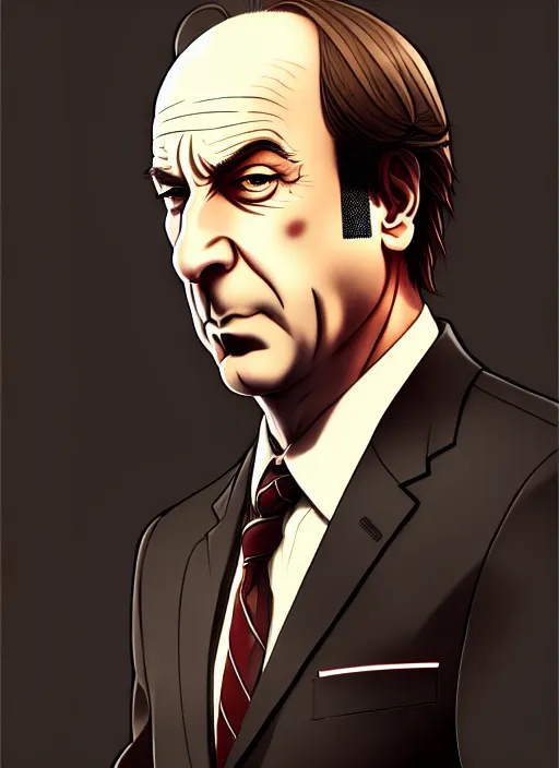 Image similar to saul goodman in suit portrait, ilya kuvshinov, anime, pixiv top monthly, trending on artstation, cinematic, danbooru, zerochan art, kyoto animation