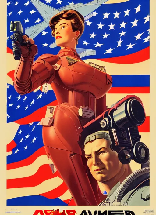 Image similar to american propaganda poster art. powerful cyberpunk pilot. portrait by jean giraud and anton otto fischer and john philip falter and will eisner and gil elvgren and pixar. full body. realistic proportions. science fiction d & d. overwatch, rb 6 s, cyberpunk 2 0 7 7, blade runner 2 0 4 9 concept art. cel shading. thick lines.