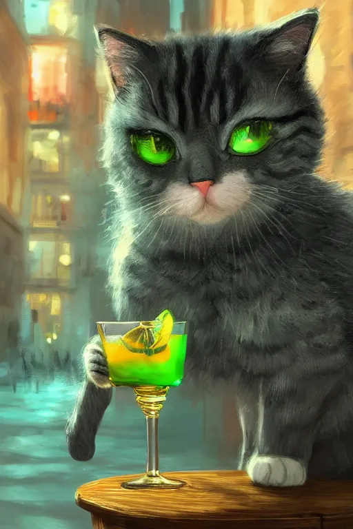 Image similar to a cute cat drinkng absinthe in Paris, vivid colors, high details, cinematic, 8k resolution, beautiful detailed, photorealistic, digital painting, artstation, concept art, smooth, sharp focus, illustration, fantasy background, artstation trending, octane render, unreal engine