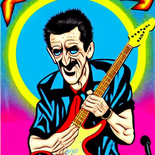 Image similar to Barry Chuckle Shredding on an electric guitar in the style of Jason Edmiston and Gary Panter