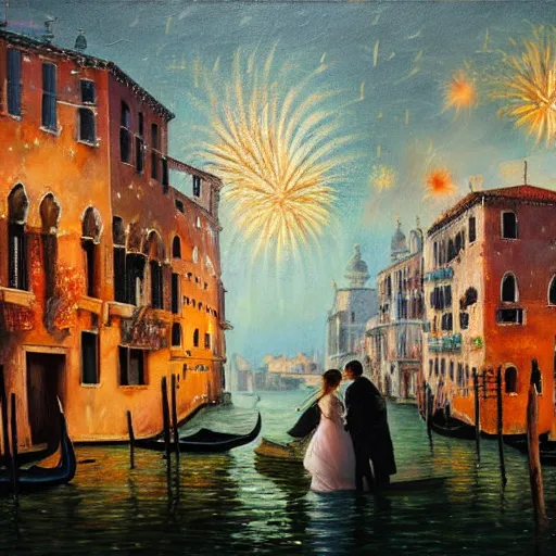 Image similar to an oil painting of couple kissing, in a background fireworks in venice