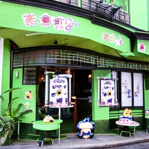 Image similar to cute frog themed cafe, japanese cafe photography,