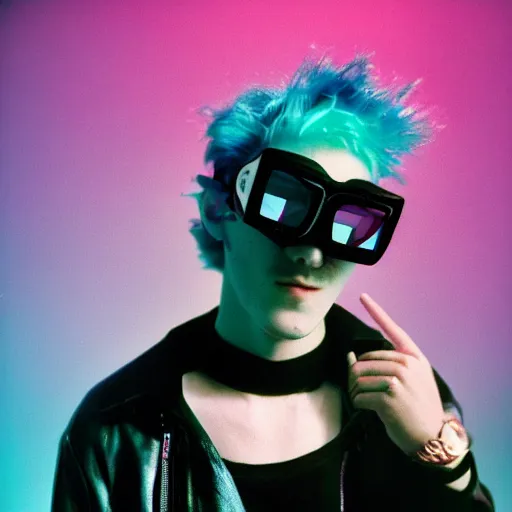 Image similar to kodak ektachrome e 1 0 0 photograph of a skinny nerdy goth guy with wild hair wearing goggles and eclectic jewelry, moody lighting, telephoto, 9 0 s vibe, rave background, vaporwave colors, faded!,