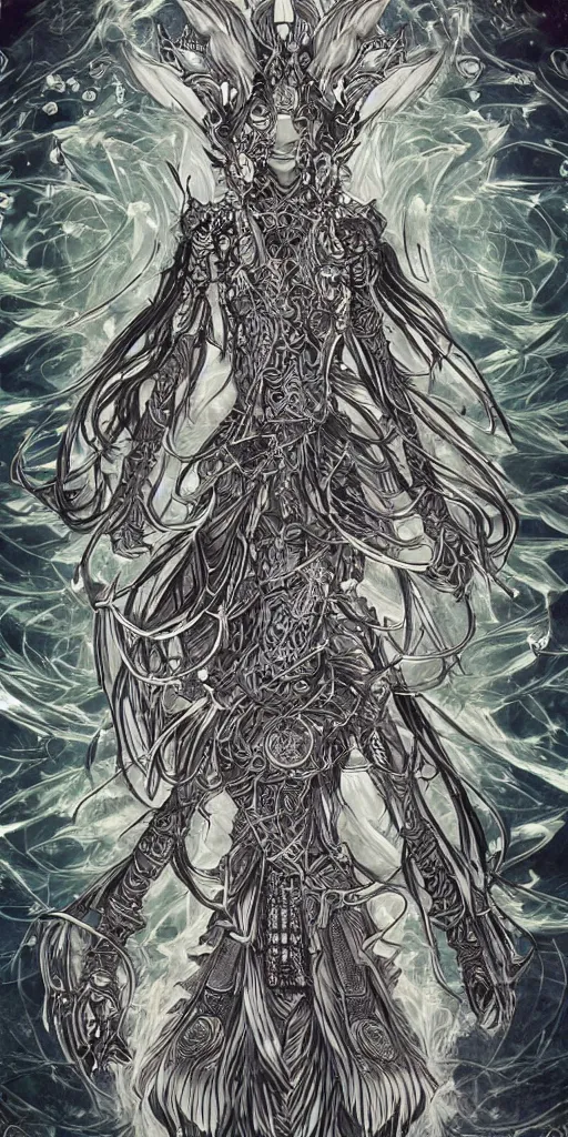 Image similar to a mage from final fantasy 14, intricate, amazing line work, cosmic, psychedelic.