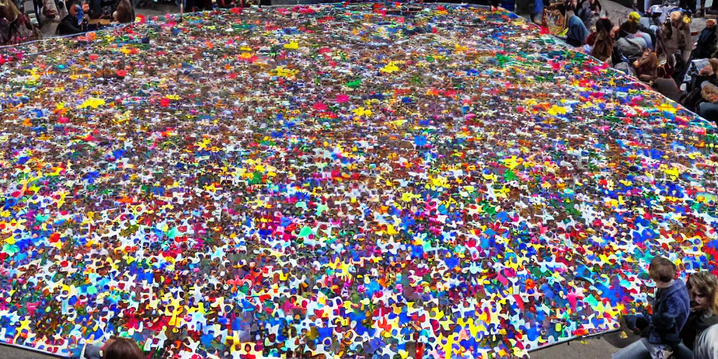 Prompt: a giant jigsaw puzzle being put together by a crowd of tiny people