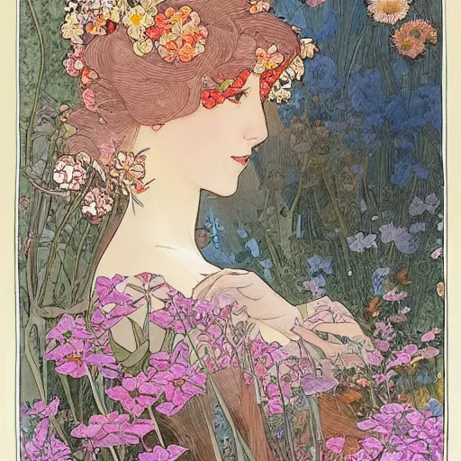 Prompt: a beautiful intricate watercolor illustration of a princess in a garden with flowers, leaves, 4 k, ultra - wide angle, by william turner, by victo ngai, by alphonse mucha, by moebius, by gustave dore, hd, trending on artstation, hyper detailed, muted intense colors