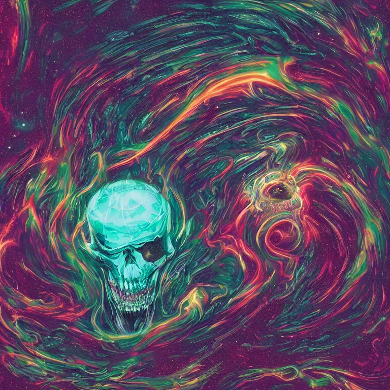 Prompt: a center frame giant skull with intricate rune carvings and glowing eyes with thick lovecraftian tentacles emerging from a space nebula by dan mumford, symmetry, twirling smoke trail, a twisting vortex of dying galaxies, digital art, vivid colors, highly detailed