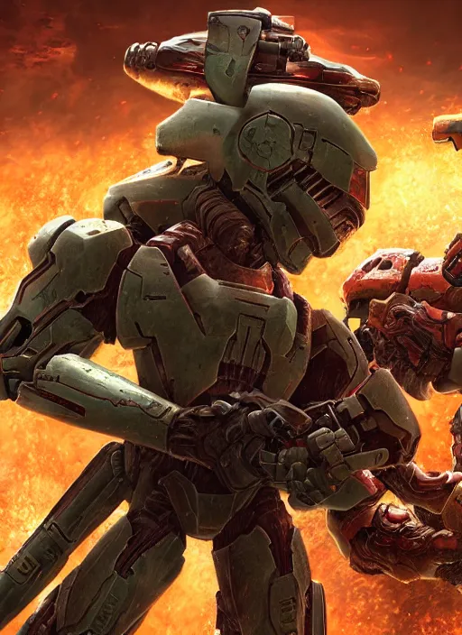 Image similar to epic battle!! doom slayer vs master chief by oleg bulakh