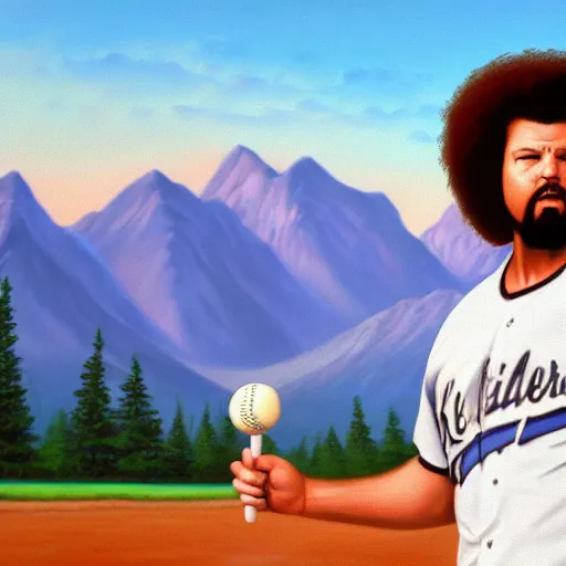 Image similar to a closeup photorealistic photograph of bob ross style kenny powers playing baseball, painting on a canvas. mountains and trees. film still. brightly lit scene. this 4 k hd image is trending on artstation, featured on behance, well - rendered, extra crisp, features intricate detail, epic composition and the style of unreal engine.