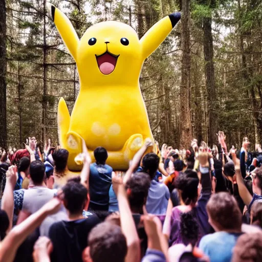 Prompt: a photograph of a group of people worshipping a giant pikachu in a forest. photo. photography. high quality. 4 k. 8 k