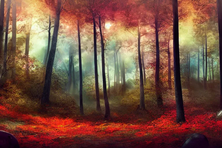 Image similar to deep dark moody candy forest, peppermint stick trees, cotton candy bushes, big colorful rock candy boulders, gumdrop mushrooms, chocolate creek, dark mood. mysterious realistic painting. photobashing, matte painting, highly detailed, autumn, cinematic, hyperrealistic, artstation, dramatic lighting, god rays, clean crisp graphics, smooth sharp focus, extremely detailed