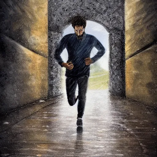 Image similar to italian tall young man with short curly hair and beard, running under a bridge of stone while it rains heavily, romantic view, extremely detailed, digital painting, trending on deviantart