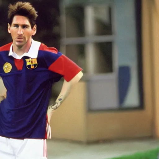 Image similar to a photograph still of Messi starring in a 1990s sitcom, 15mm