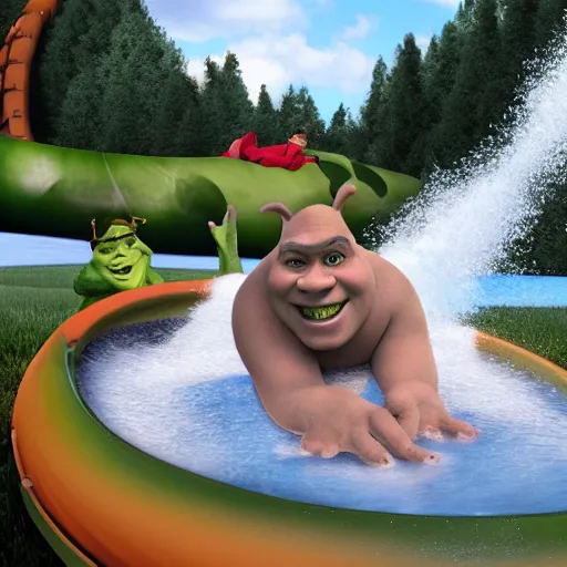 Prompt: shrek in a water slide, realistic photo, hyperrealistic