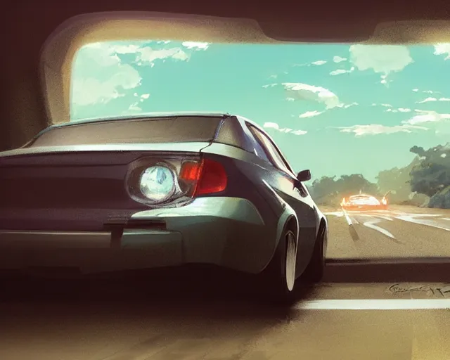 Image similar to a brunnete girl with blue eyes and puffy cheeks driving a car, car accident, close up shot from the back of the car, anime art, Greg Rutkowski, studio ghibli, dramatic lighting