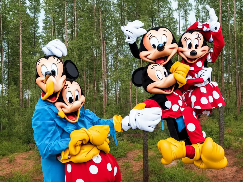 Image similar to disney's goofy bleeding excessively in finnish summer cabin