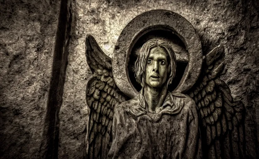 Prompt: decrepit creepy statue of the archangel gabriel staring at the camera, in the middle of a cavernous dark old catacomb, realistic, pitch black, depth of field, wide shot, sinister, bad lighting, foreboding, blurry, grainy photo