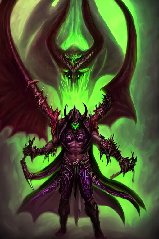 Image similar to illidan the demon hunter with band that cover his eyes with demon wings from world of warcraft with background digital painting trending on artstation