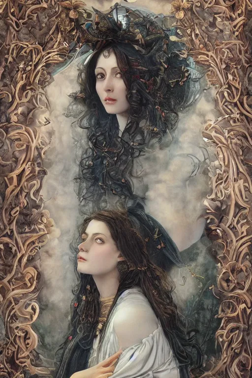 Prompt: An extremely beautiful pre-raphaelite ornate portrait of a very beautiful and cute witch, surreal, ultradetailed, intricate, elegant, digital art painting, concept art, smooth, sharp focus, poster art, art cover illustration, regal, award winning picture, extremely detailed masterpiece, sense of awe, featured on artstation, Artgerm, effervescent punk kawaii-noir pastel bubbles, winning award piece, ethereal rainbows, Aetherpunk, low-key neon lightning, stormy weather, Exquisite floral details, 8K detail post-processing, matte, oil painting