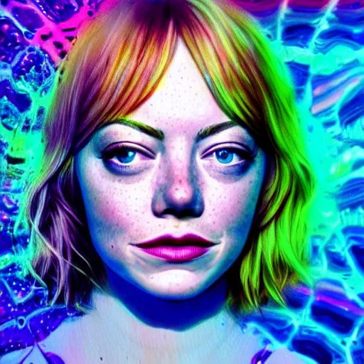 Image similar to surreal Emma Stone covered in chromatic distortions standing in mysterious place, beautiful, psychedelic, lsd, trending on artstation, artwork by Hughes, Edward Robert