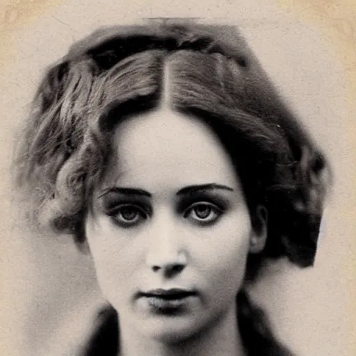 Image similar to victorian photograph of a mix of jennifer lawrence and lilly collins, 1 8 9 0 s photography, 1 9 0 0, realistic face, symmetrical face, studio photograph, grainy, edwardian, old photo