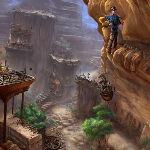 Image similar to arid steampunk fantasy city built into canyon walls. houses are built on platforms on the canyon walls with precarious walkways and ladders between them. the canyon floor is covered in larger stone buildings and shops. realistic, highly detailed painting concept art