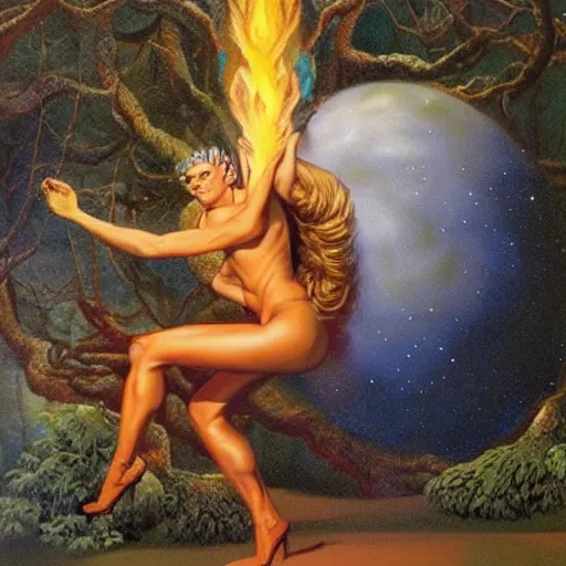 Prompt: 🌲🌌🔥🧙, Boris Vallejo