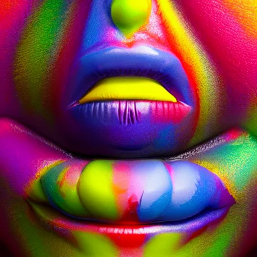 Image similar to photo of 8k ultra realistic deity mouth filled with multi color crayons, clear sky, full of colour, cinematic lighting, battered, trending on artstation, 4k, hyperrealistic, focused, extreme details,unreal engine 5, cinematic, masterpiece, art by Rafał Olbiński