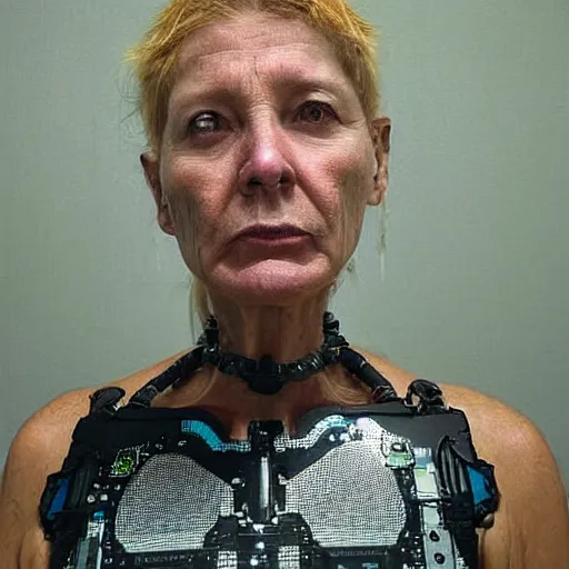 Prompt: grainy photo of an ugly woman, wearing bionic implants, cyborg criminal, (((((high tech, circuit boards)))))