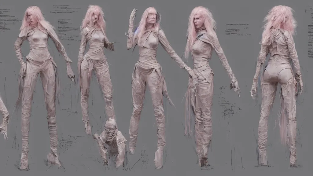 Prompt: character sheet for a light pink long haired female for futuristic dystopian mad max like fashion brand demobaza on an alien planet, impact by craig mullins, by studio ghibli, digital art, trending on artstation, hd, 8 k, highly detailed, good lighting, beautiful, masterpiece