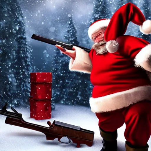 Image similar to santa claus scared, holding a shotgun indoors photorealistic 4 k