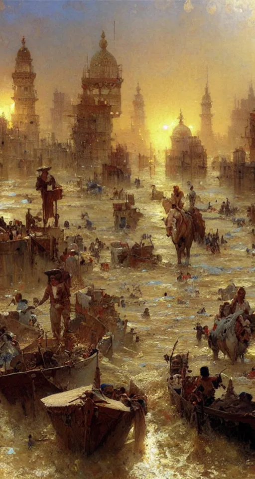 Image similar to the sea flooding the entire city of modern ahwaz. you can see the water entering buildings highly detailed painting by gaston bussiere, craig mullins, j. c. leyendecker