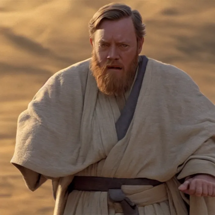 Image similar to obi wan kenobi but obese!!, photoralistic rendering, movie still, screenshot, hyperdetailed