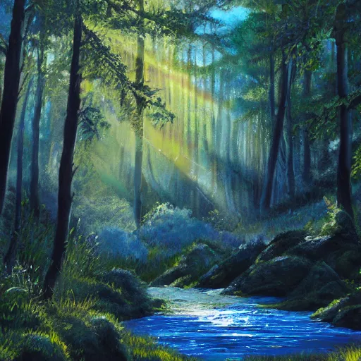 Prompt: forest, sun rays, with a river sparkling acryl painting 4 k